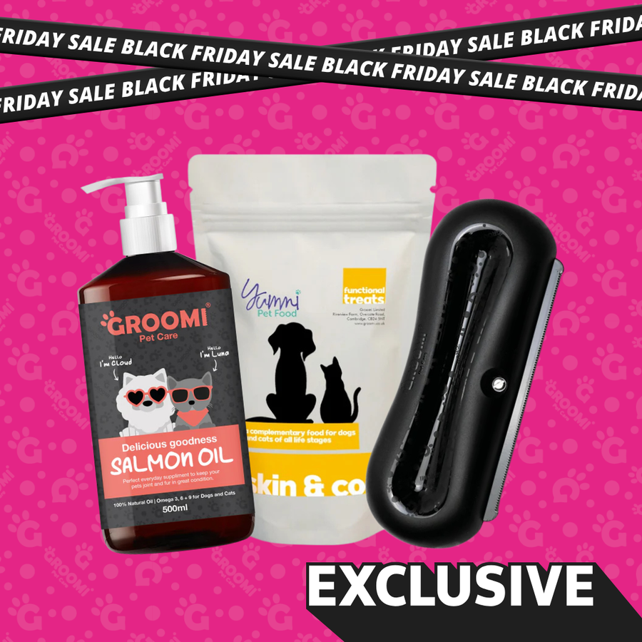 Skin & Coat Bundle 2 | Groomi Brush, Salmon Oil & Skin and Coat Treats